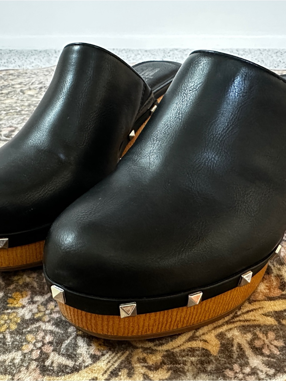 Steve Madden Black Leather Platform Mules with Wood-Effect Sole and Silver Studs